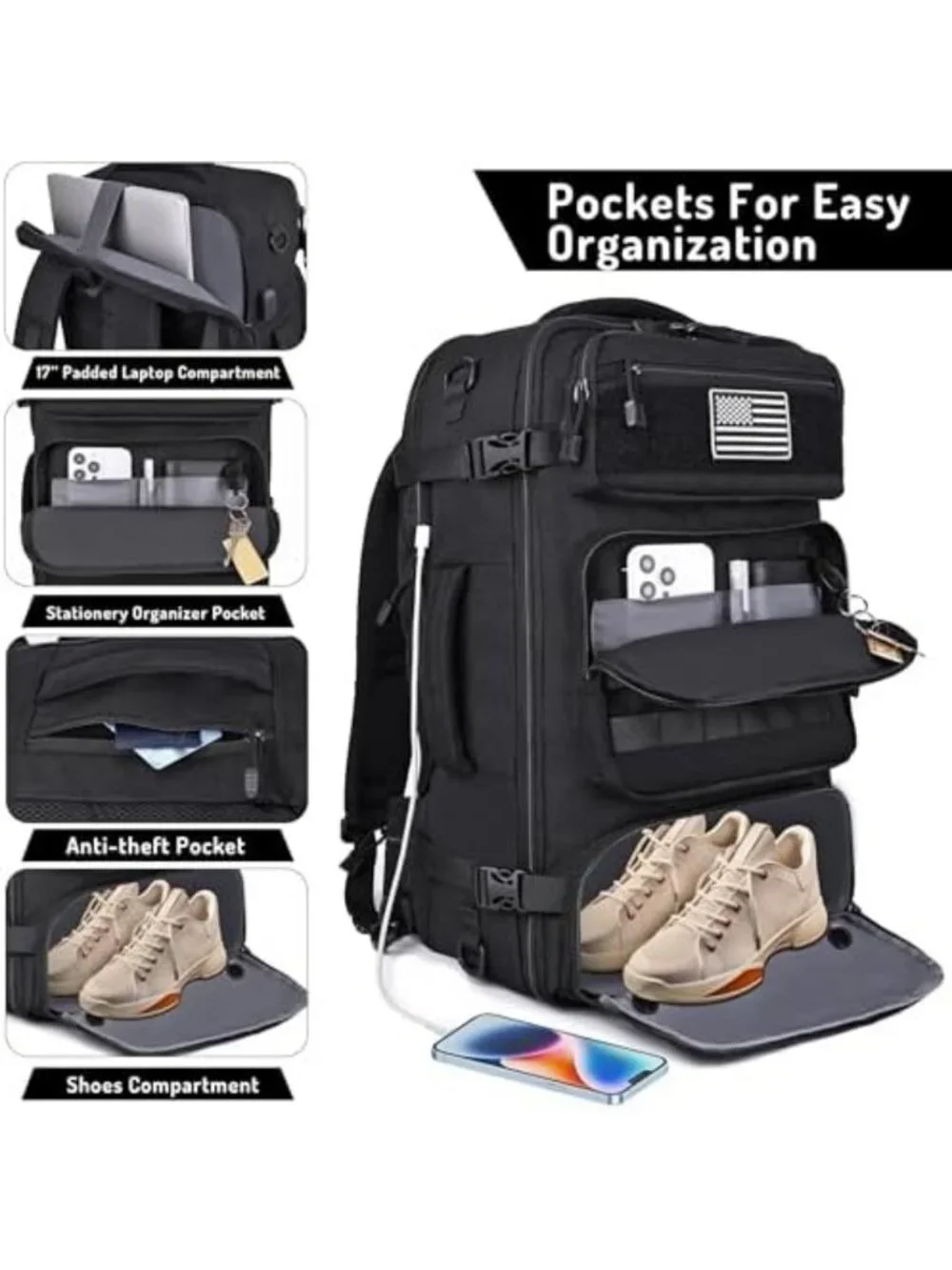 40L Travel Backpack for Men, TSA Approved, USB Charging, Water-Resistant Duffle